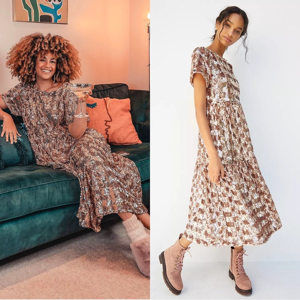 NWT Anthropologie Maeve Bernadette Sequined Midi Dress Pink Rose 1X Cocktail